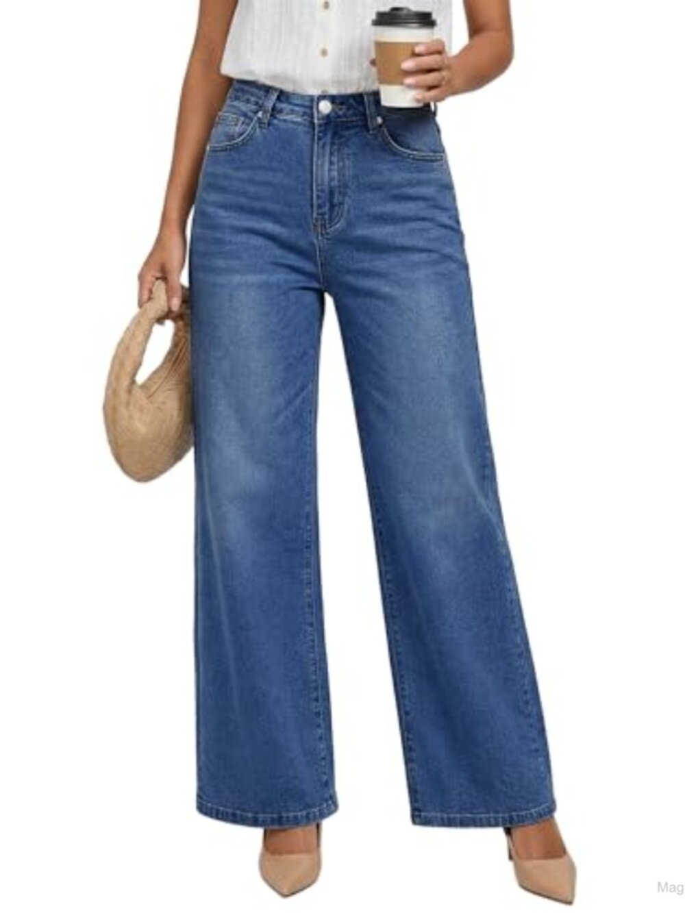 Wide Leg High Waist Stretchy Denim Jeans with Pockets